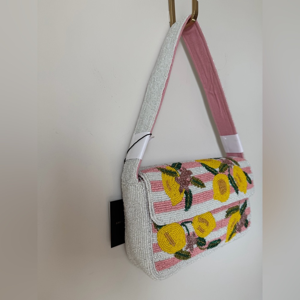 Viral Beaded Lemon pink white striped Shoulder Bag - Picture 2 of 4